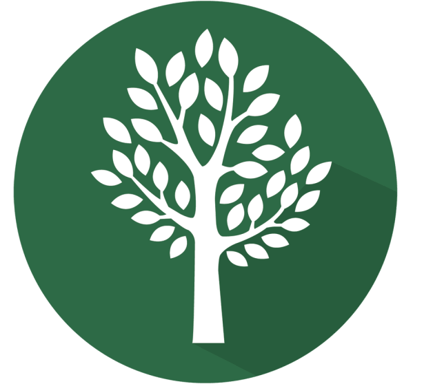 White tree silhouette on a green circle.