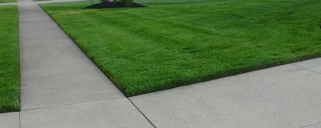 A concrete sidewalk borders a green lawn.