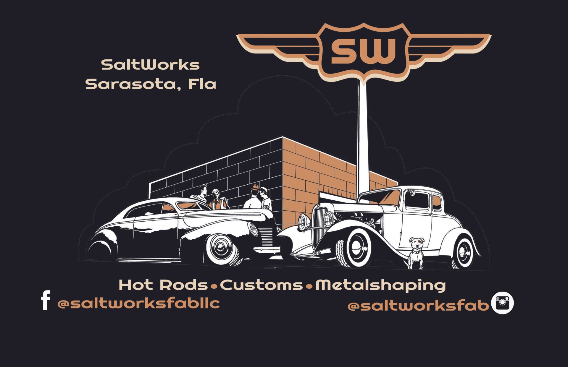 SaltWorks Sarasota, FL logo with custom hot rods and metalworking text on a dark background