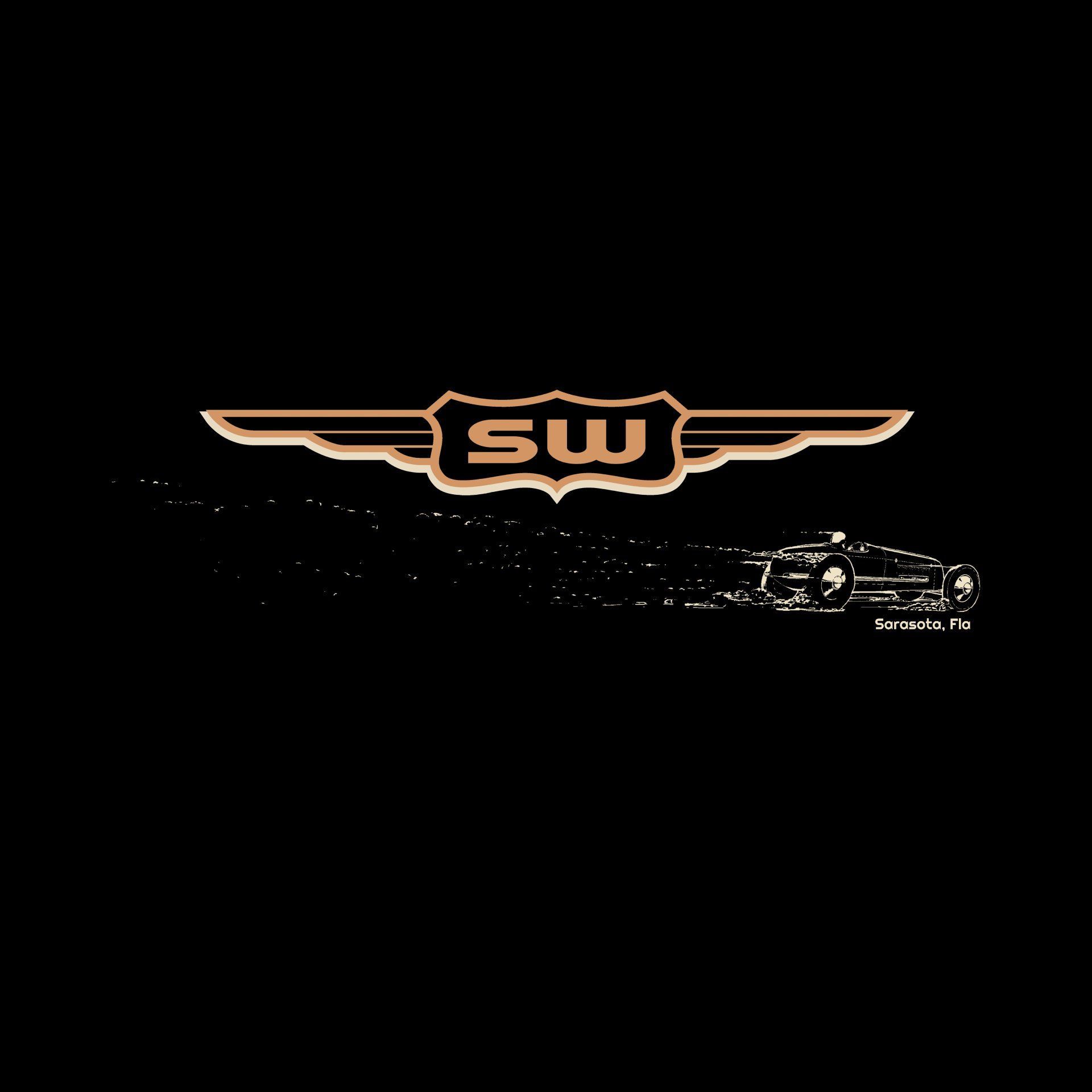 Stylized gold “SW” logo with wings on a black background, with a white race car at lower right