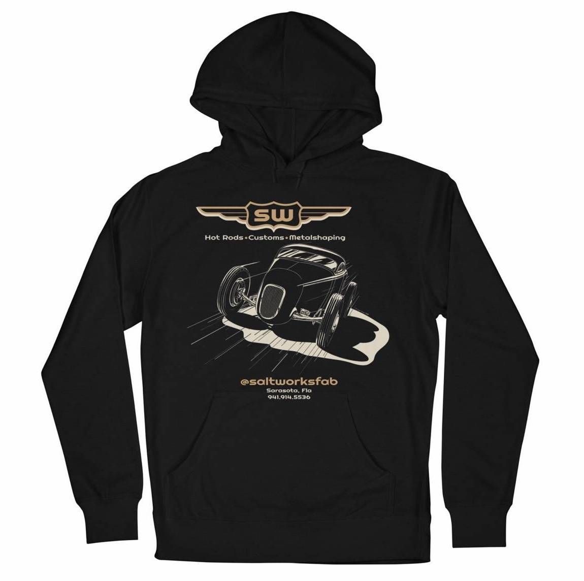 Black hoodie with a racing helmet graphic and white logo on the back