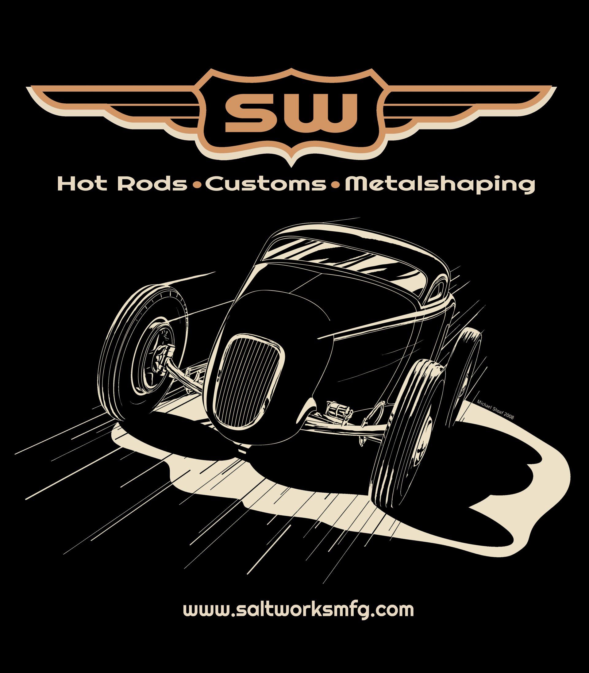 Black hot rod logo with “SW” wings, “Hot Rods • Customs • Metalshaping,” and website text on a black background