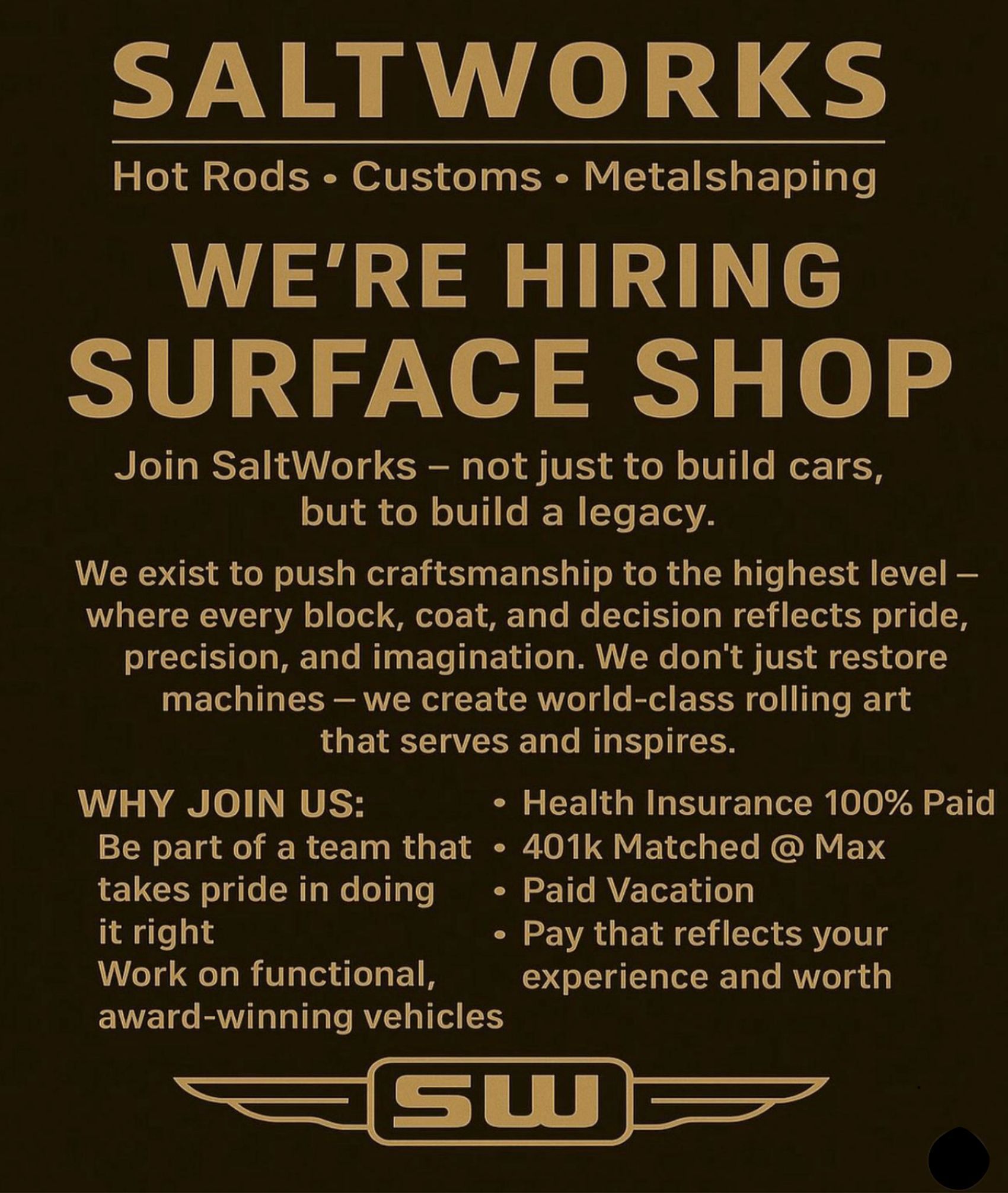 Saltworks hiring poster: brown-black ad for surface shop with custom rods, welding, and team benefits