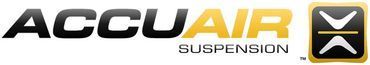 ACCUAIR Suspension logo in black, white, and gold with stylized “X” icon