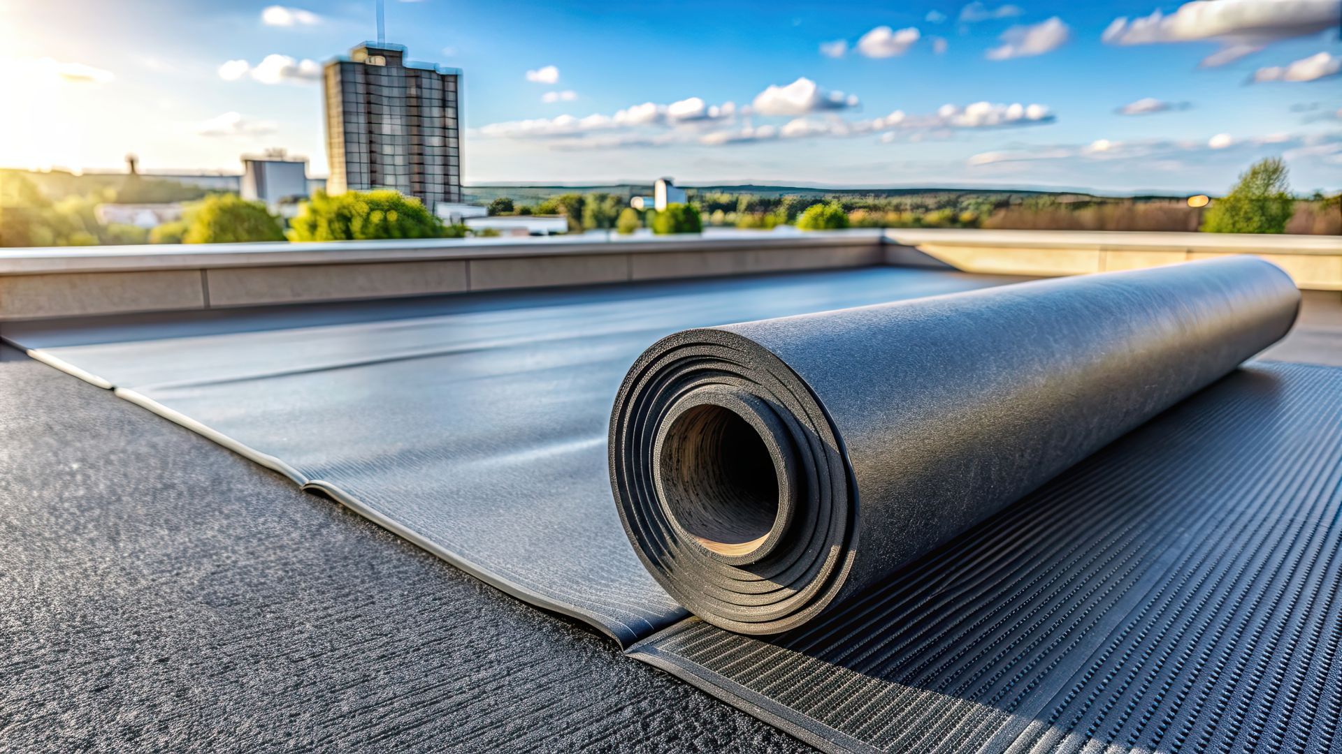Flat roofing membrane installation on a commercial flat roof.