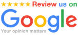 Logo with Google's colors and a five-star rating. Text reads