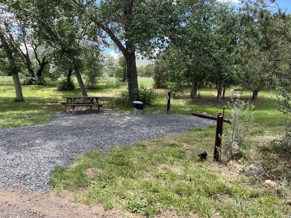 Campsite with picnic table, grill, and post with electrical hookup on gravel pad, trees in background.