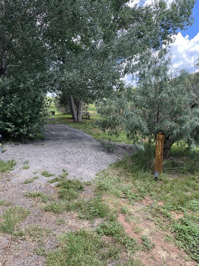 Gravel path through trees, a wooden sign in the grass. Green foliage, blue sky visible.