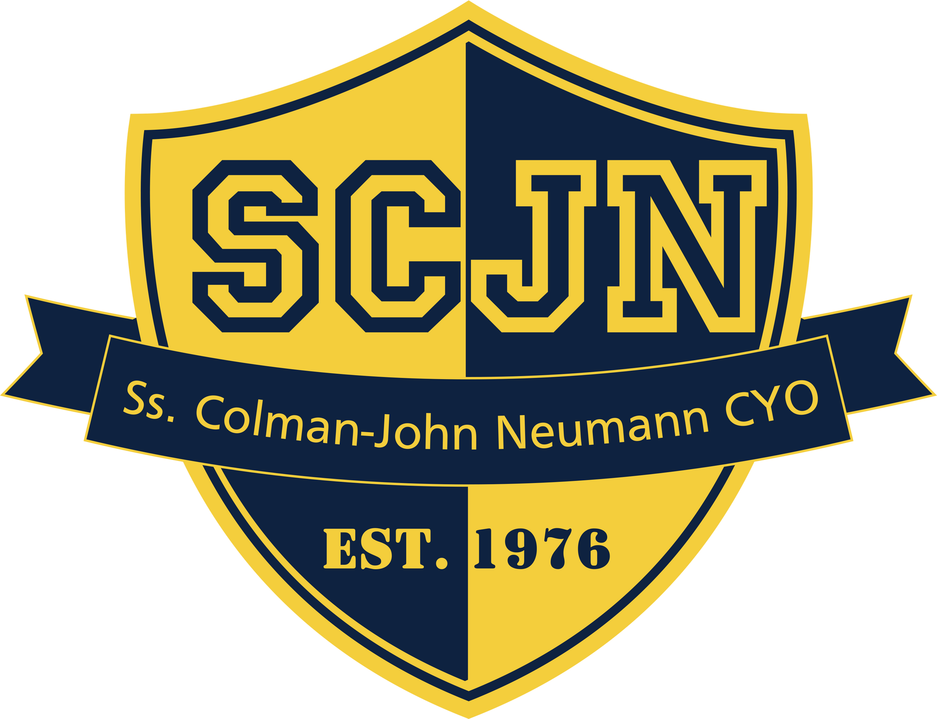 SCJN shield logo in navy and gold with &ldquo;Ss. Colman-John Neumann CYO&rdquo; and &ldquo;EST. 1976&rdquo;