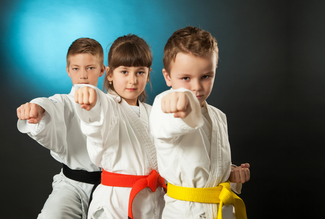 A group of young children are practicing karate together.