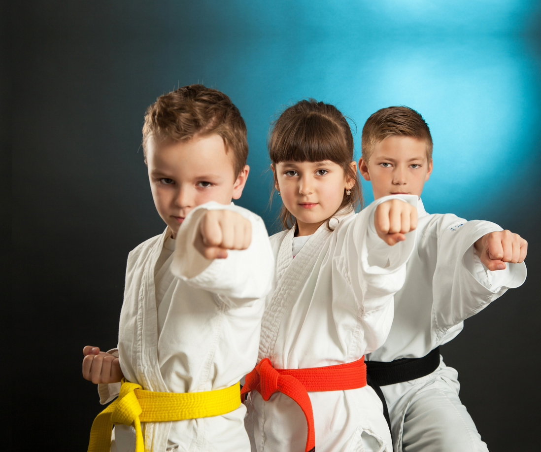 A group of young children are practicing karate together.