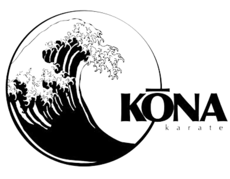A black and white kona karate logo with a wave in the middle