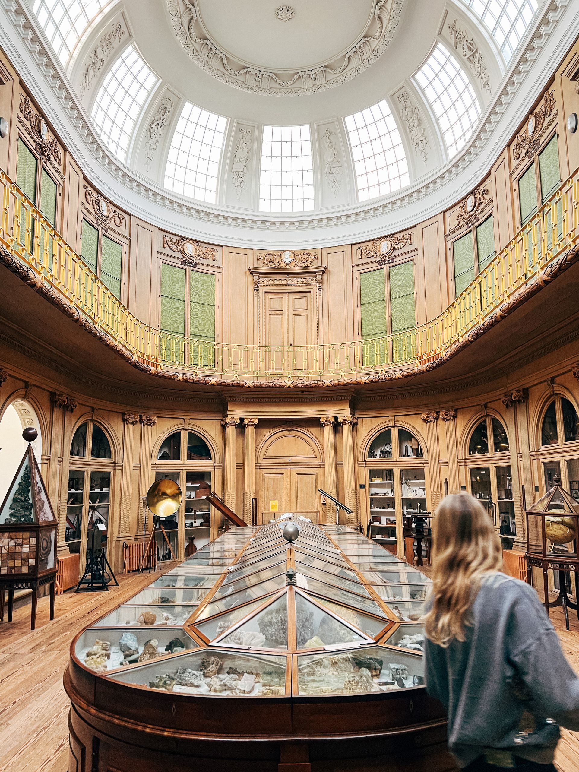 Museuminterieur met een grote vitrine en sierlijke architectuur. Iemand kijkt naar de vitrine.