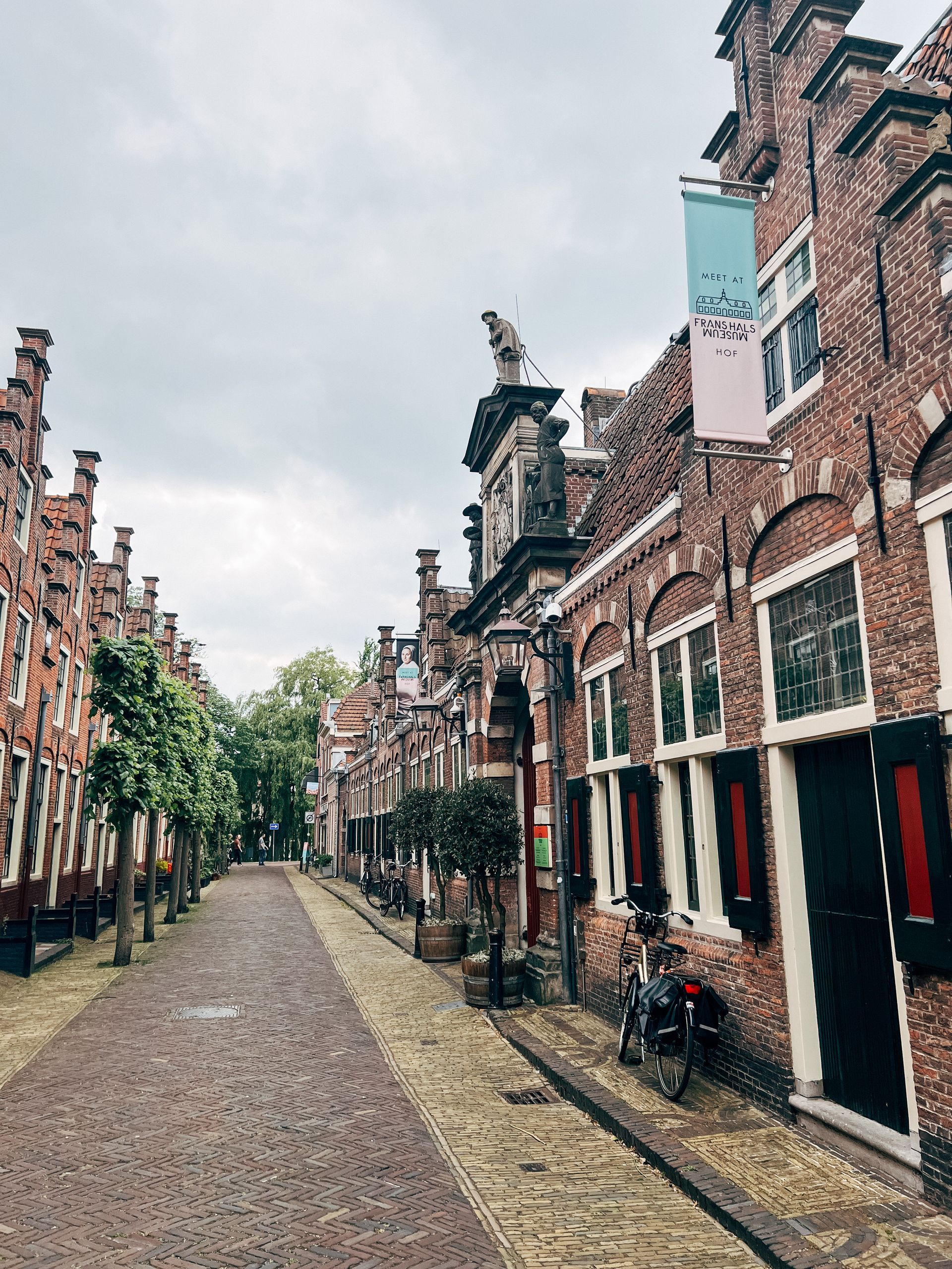 Smalle bakstenen straat met sierlijke bakstenen gebouwen in Alkmaar, Nederland, onder een bewolkte hemel.
