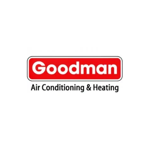The logo for goodman air conditioning and heating is red and white.