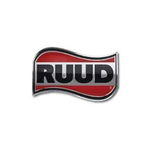 A red and black logo for ruud on a white background.