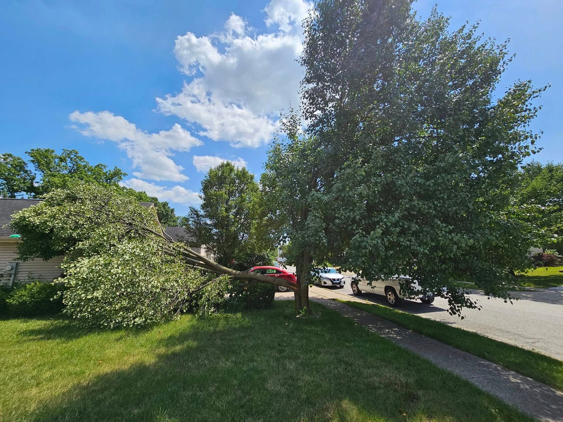 Suburban front yard with green lawn, trees, parked cars, and a partly cloudy blue sky