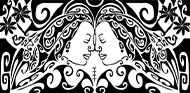 A black and white drawing of two faces surrounded by flowers and swirls.
