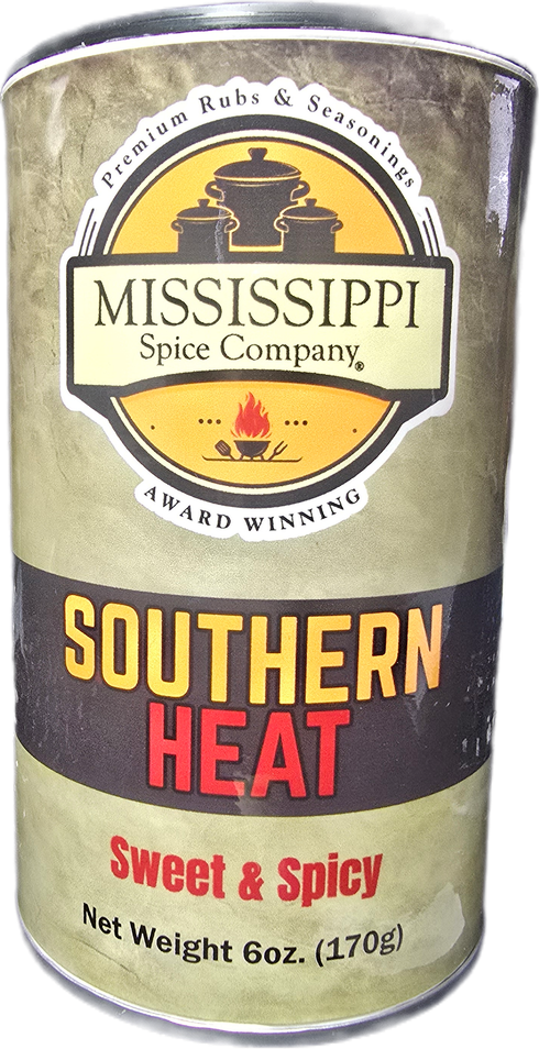 Mississippi Spice Company Southern Heat sweet & spicy seasoning can, yellow and silver label