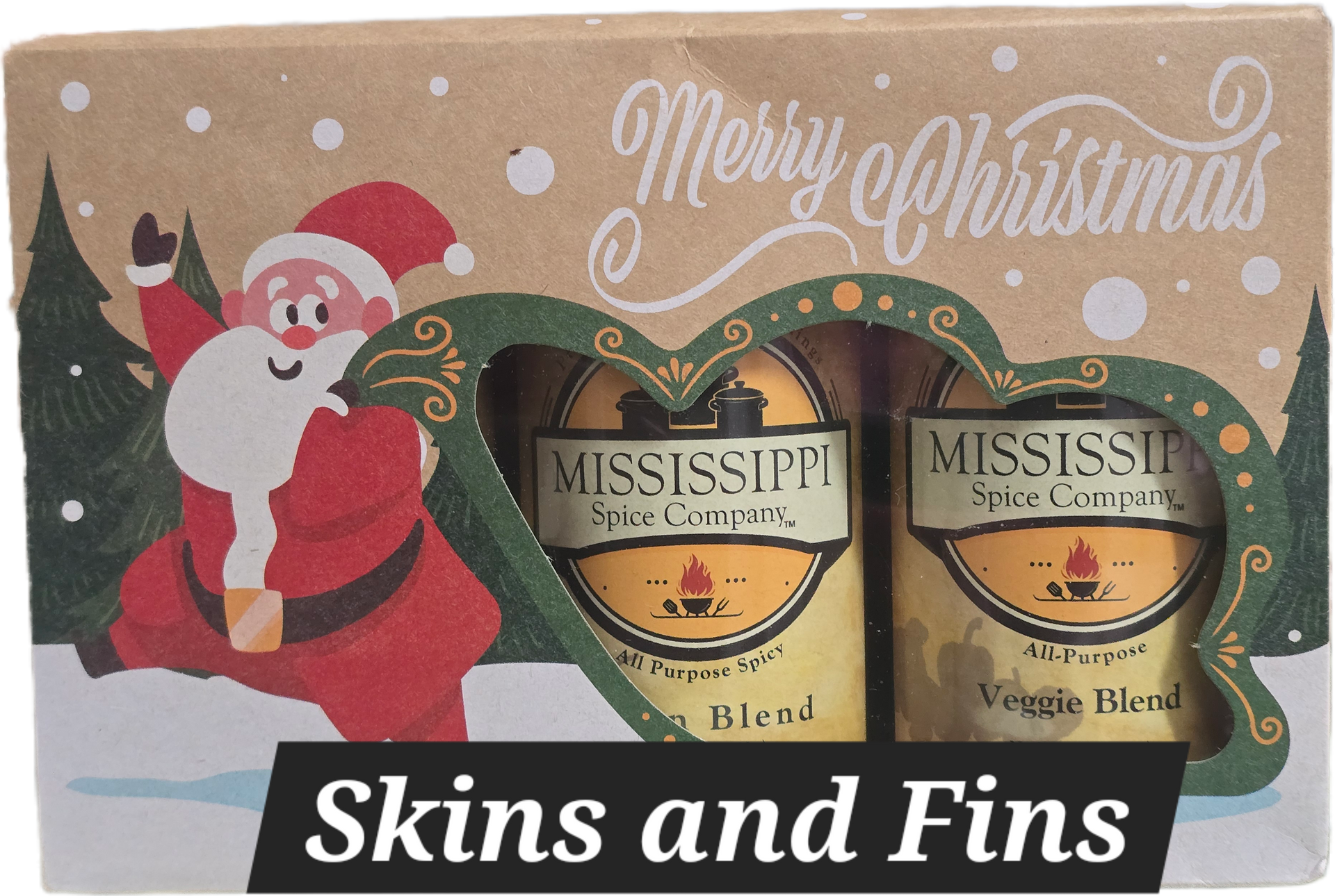 Christmas ad with Santa illustration and two Mississippi hot sauce bottles on a gift box backdrop, Merry Christmas text
