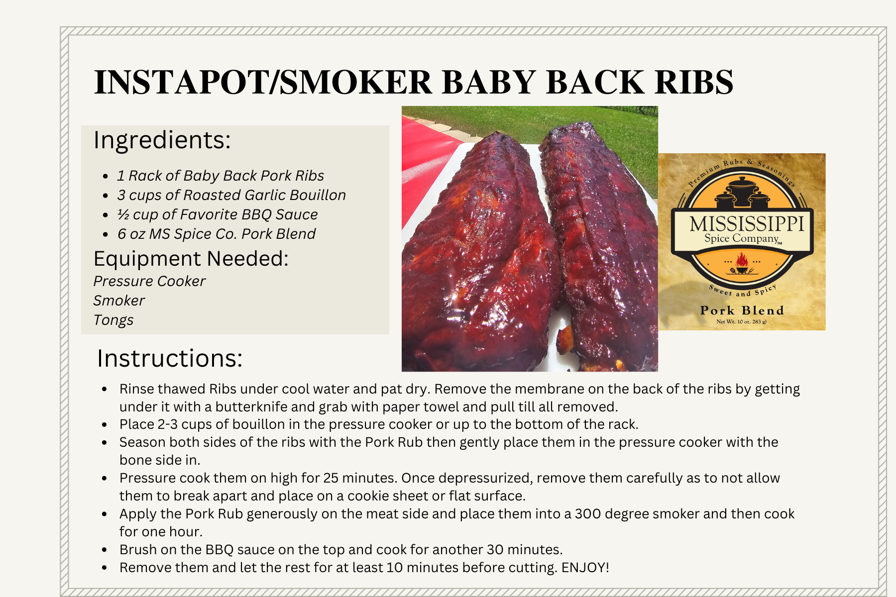 Recipe card for Instapot/Smoker Baby Back Ribs with ingredients, instructions, and finished ribs photo
