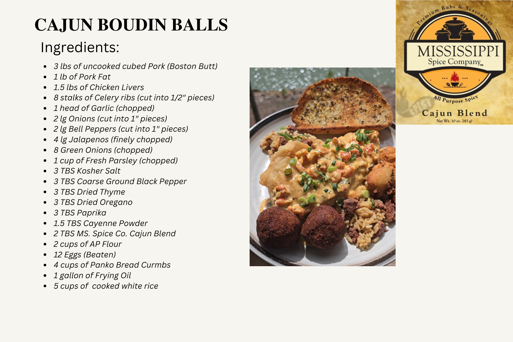 Recipe card for Cajun boudin balls with ingredients list, plated dish photo, and Mississippian Cajun Blend logo