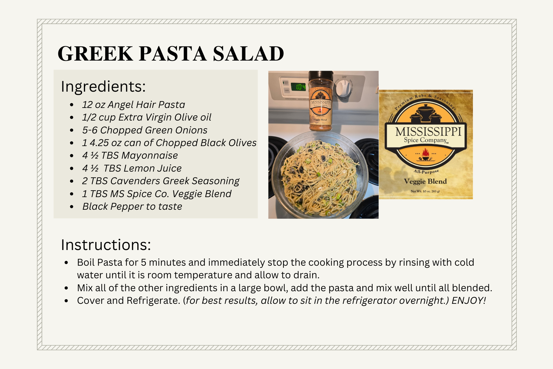 Greek pasta salad recipe card with ingredients, instructions, and a bowl photo on a beige background