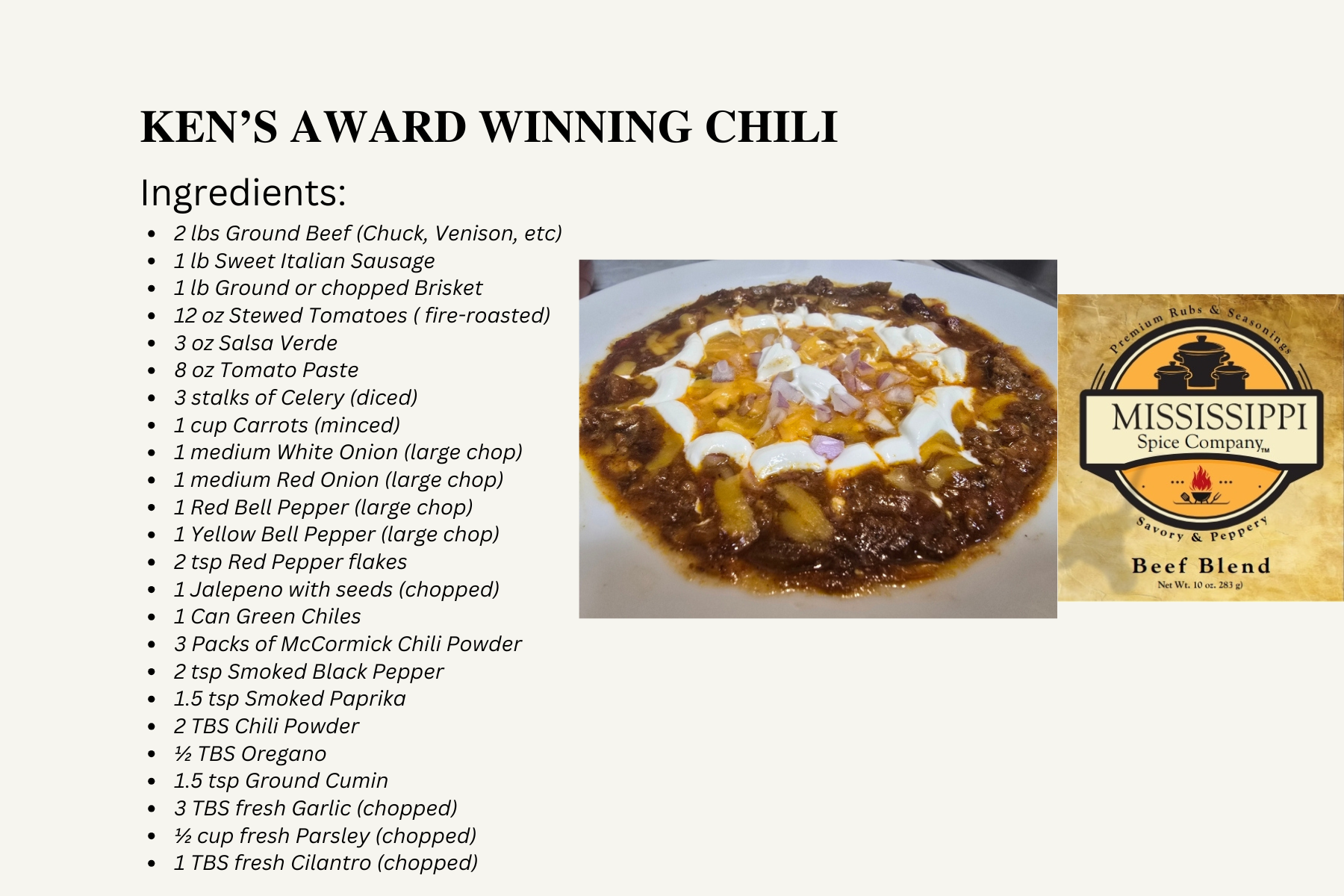 Recipe slide titled Ken’s Award Winning Chili with ingredient list, chili photo, and Mississippi label