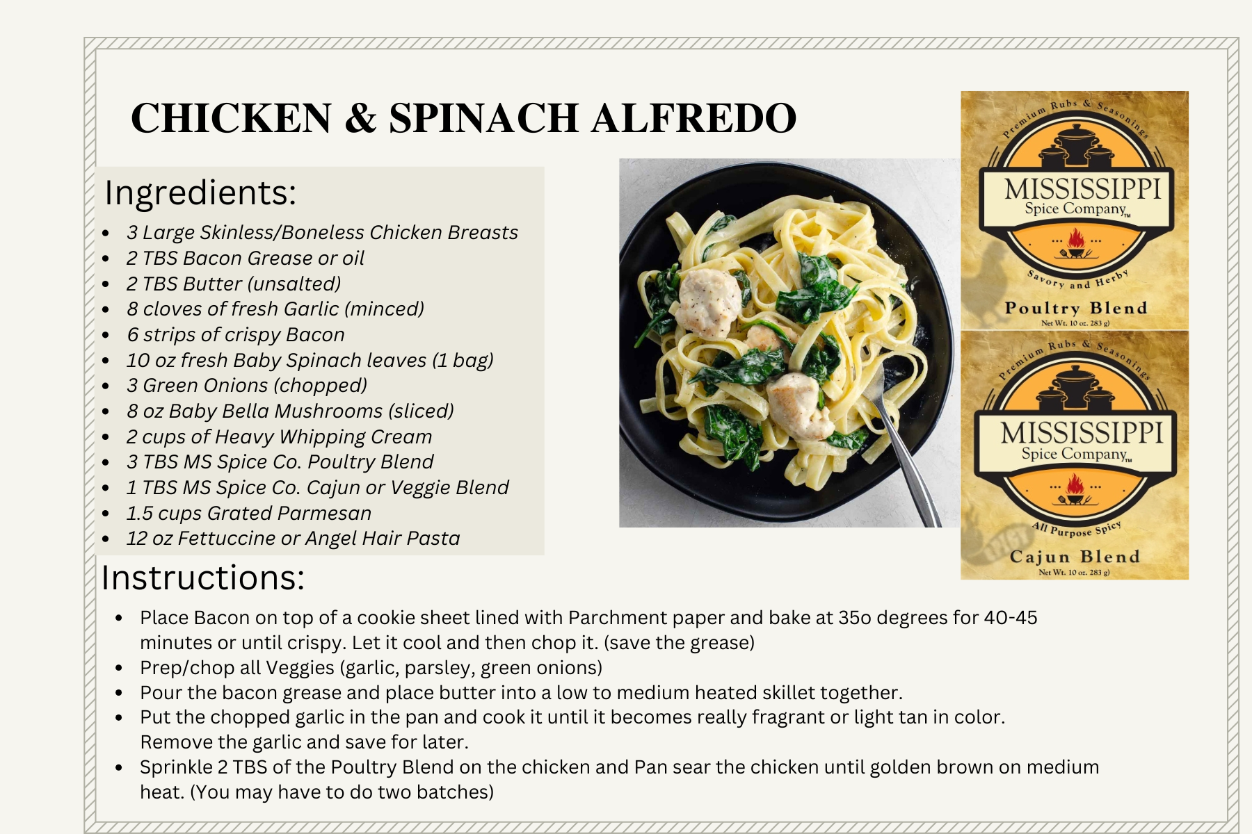 Chicken and spinach alfredo recipe card with ingredients, instructions, and plated pasta photo
