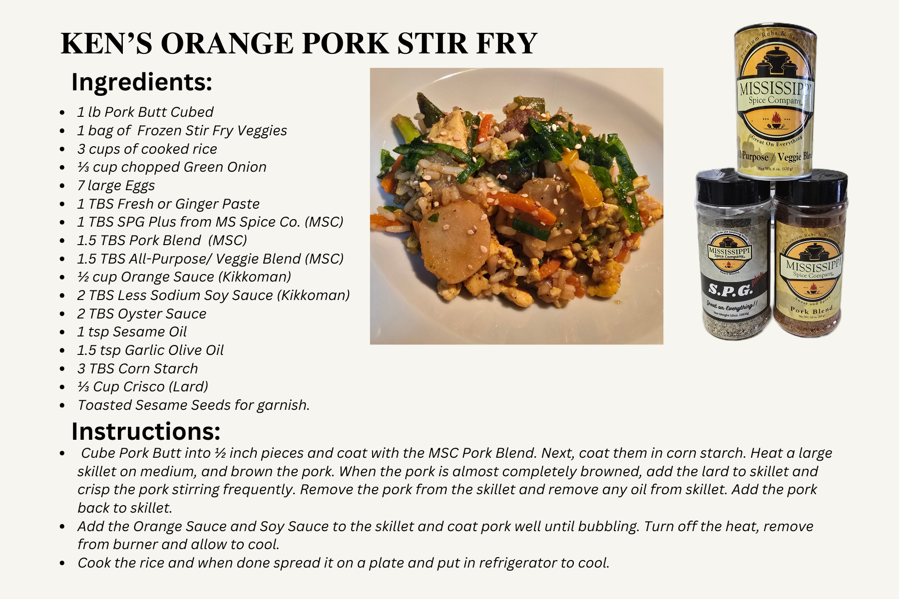 Ken's Orange Pork Stir Fry recipe with ingredients, instructions, plated dish, and sauce bottles