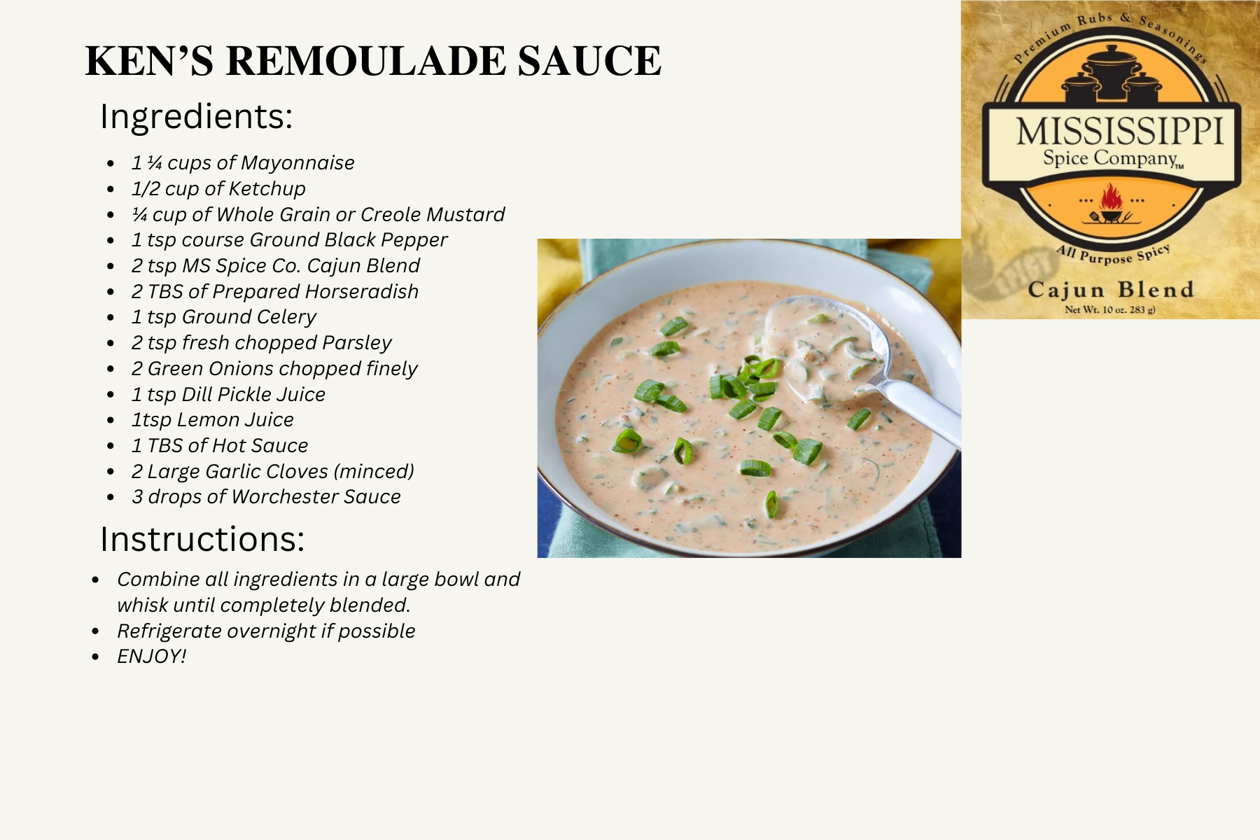 Recipe slide for Ken’s remoulade sauce with ingredients, instructions, and a bowl of creamy sauce with herbs