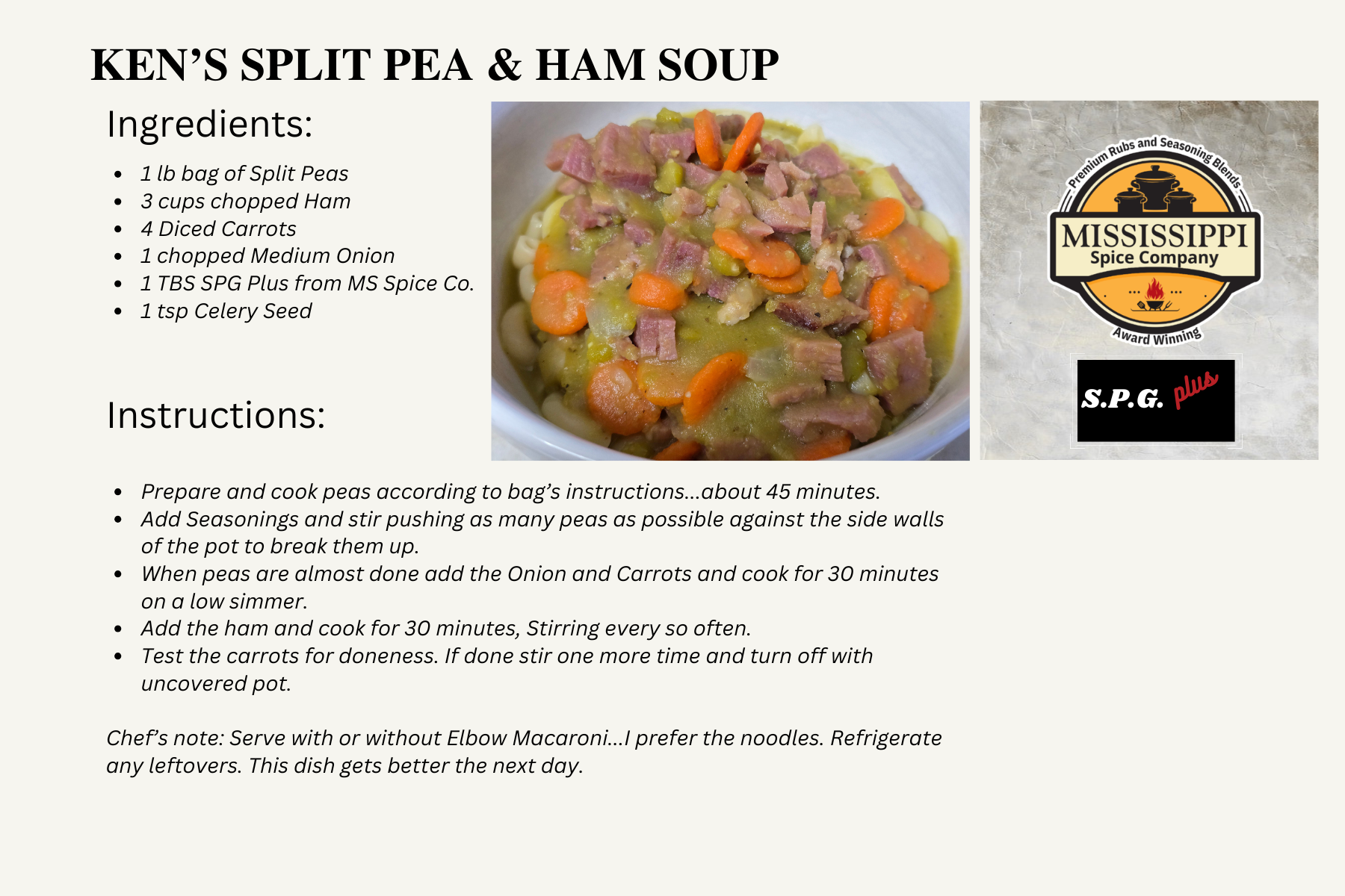Recipe card titled “Ken’s Split Pea & Ham Soup” with soup photo, ingredients, instructions, and Mississippi Pot Roast logo
