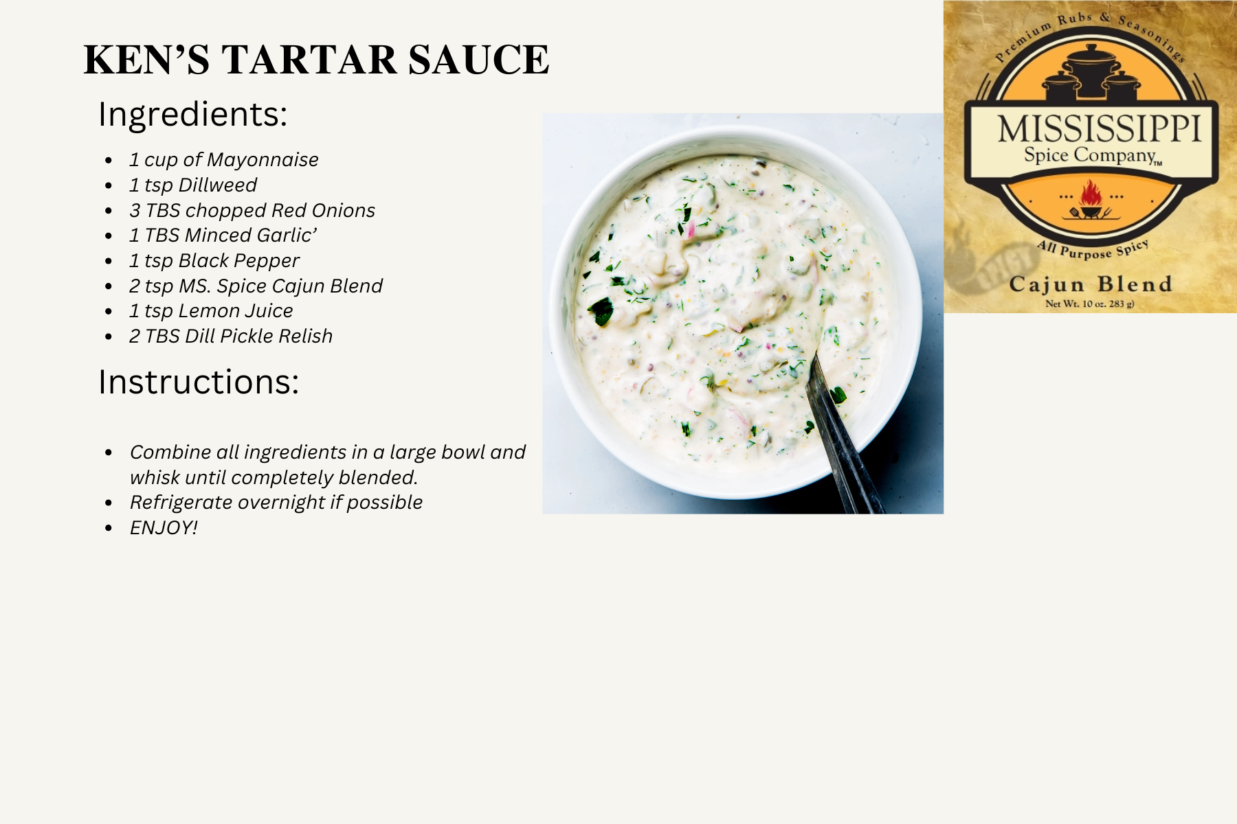 Recipe slide for Ken’s tartar sauce with ingredient list, instructions, bowl of sauce, and Mississippi label