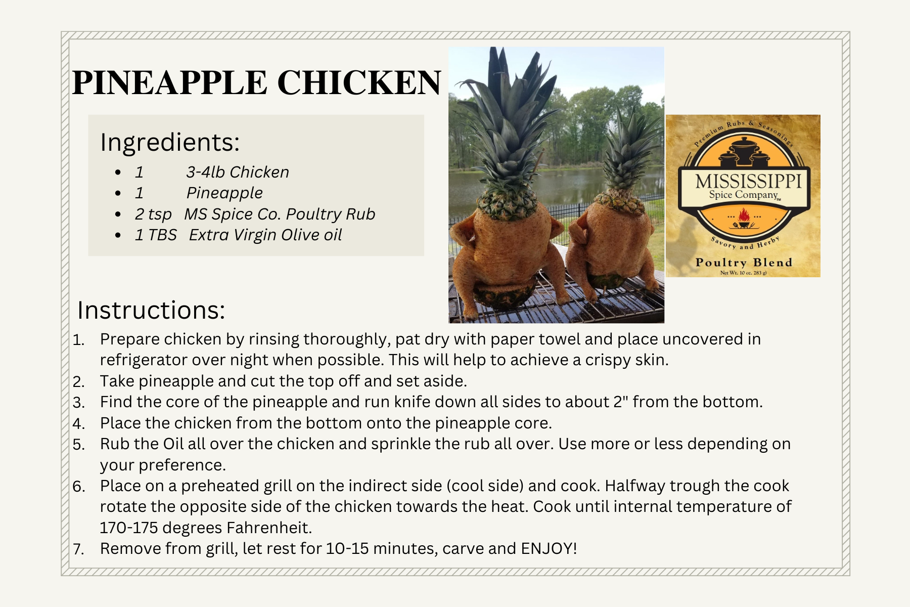 Recipe card for pineapple chicken with ingredient list, instructions, and a photo of chicken and pineapple jars
