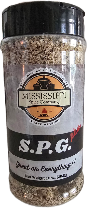 Mississippi S.P.G. seasoning jar with black lid and speckled spice blend label
