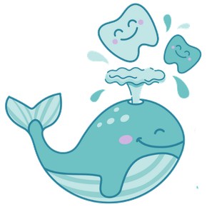 A whale with two teeth coming out of it 's blow hole by Dr. Lori Porras of Little Waves Pediatric Dentistry 