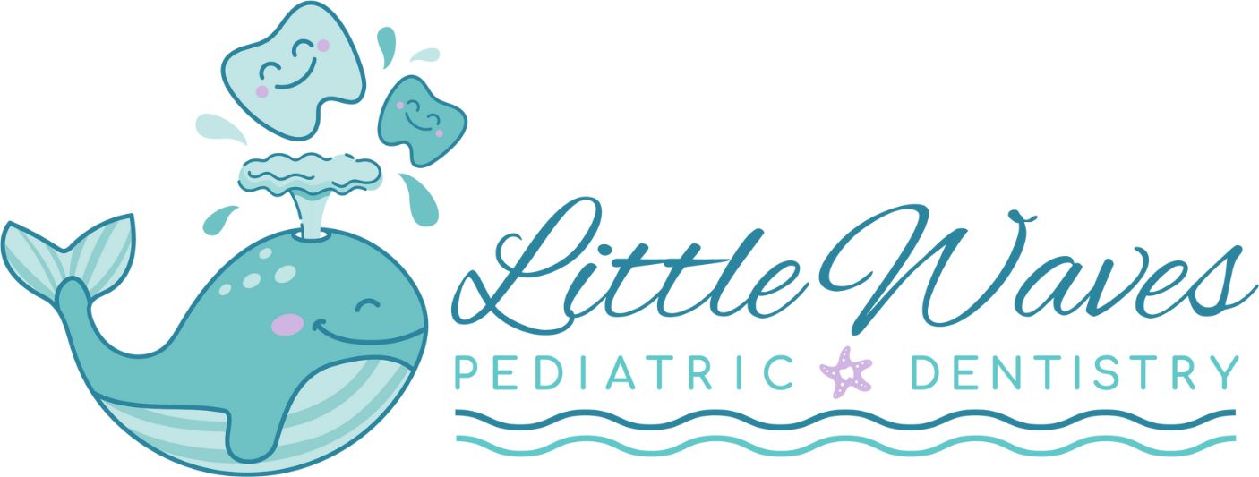 The logo for little waves pediatric dentistry myrtle beach has a whale and a tooth on it.