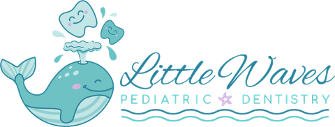 The logo for little waves pediatric dentistry has a whale and a tooth on it.