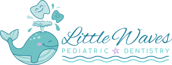 The logo for little waves pediatric dentistry has a whale and a tooth on it.