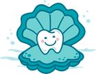 A cartoon illustration of a tooth in an oyster shell.