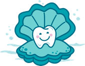 A cartoon illustration of a tooth in an oyster shell.