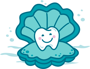 A cartoon illustration of a tooth in an oyster shell by Dr. Lori Porras of Little Waves Pediatric Dentistry .