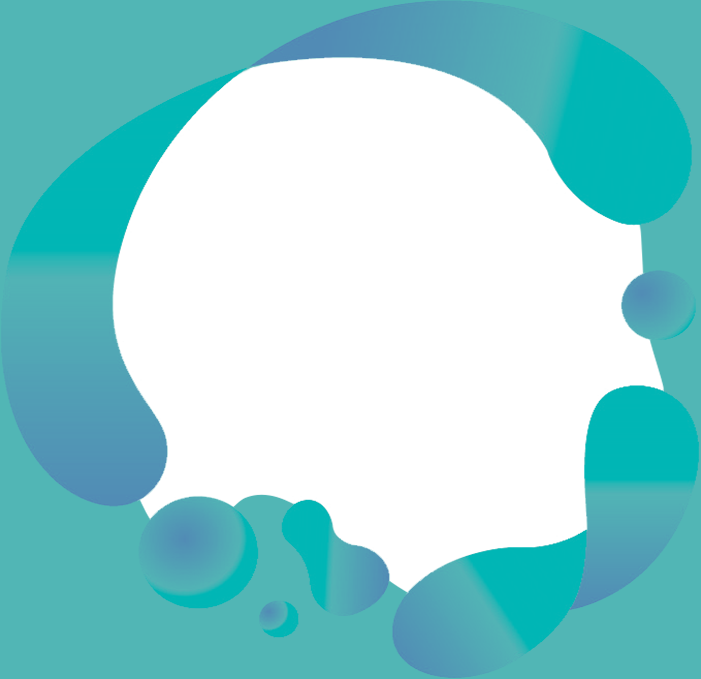 A white circle is surrounded by blue circles on a blue background.