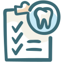 A clipboard with a checklist and a tooth in a circle.