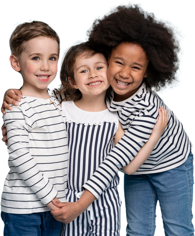 Three children are hugging each other on a white background.