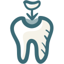 A tooth with a hole in it and an arrow pointing down.