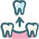 A cartoon illustration of a dental bridge with three teeth and an arrow pointing up.