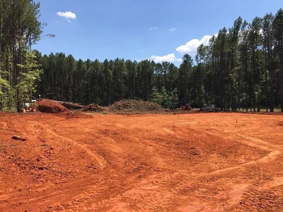 Cleared red dirt lot beside a pine forest under a bright blue sky with clouds