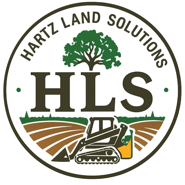 Hartz Land Solutions logo with green tree, HLS letters, and skid steer on fields