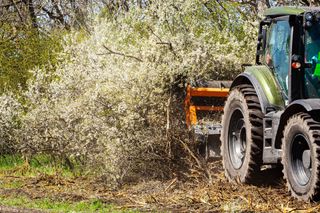 Tractor clearing dense bushes in a field, with cut brush and leaves scattered on the ground